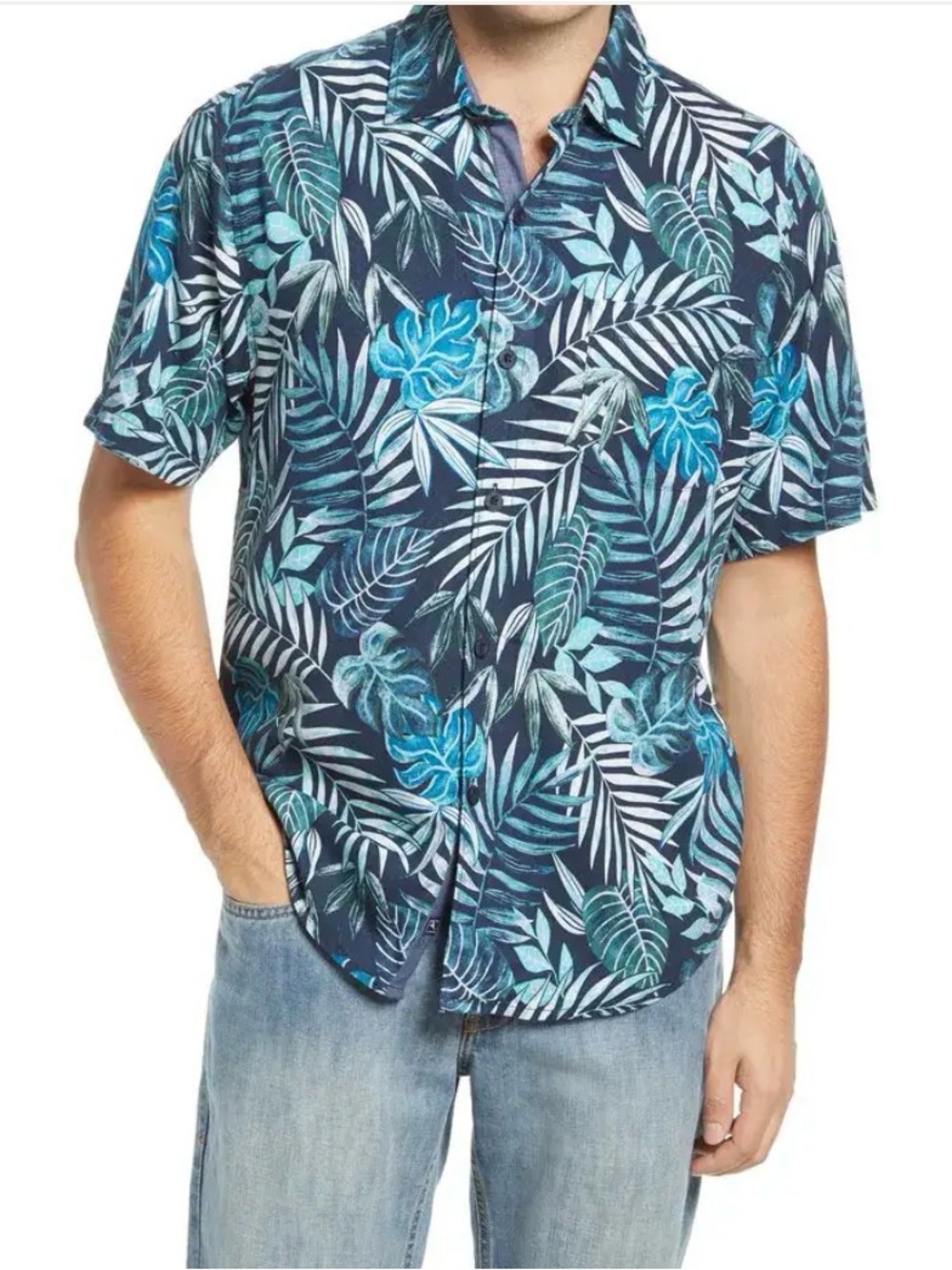 100% Silk Tommy Bahama Blue Tropical Print Short-Sleeve Button Down Shirt TB93